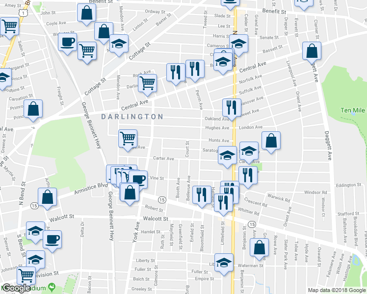map of restaurants, bars, coffee shops, grocery stores, and more near 144 Saratoga Avenue in Pawtucket