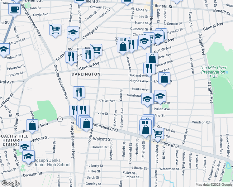 map of restaurants, bars, coffee shops, grocery stores, and more near 112 Saratoga Avenue in Pawtucket