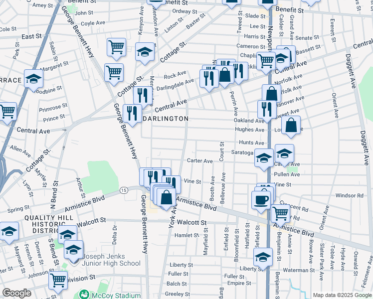 map of restaurants, bars, coffee shops, grocery stores, and more near 28 Elizabeth Street in Pawtucket