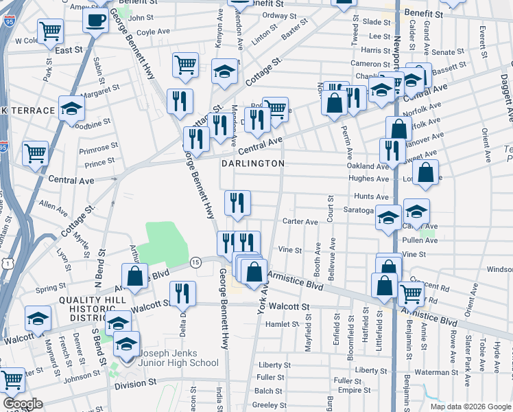 map of restaurants, bars, coffee shops, grocery stores, and more near 39 Saratoga Avenue in Pawtucket