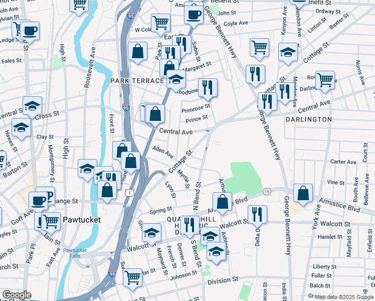 map of restaurants, bars, coffee shops, grocery stores, and more near 203 Cottage Street in Pawtucket