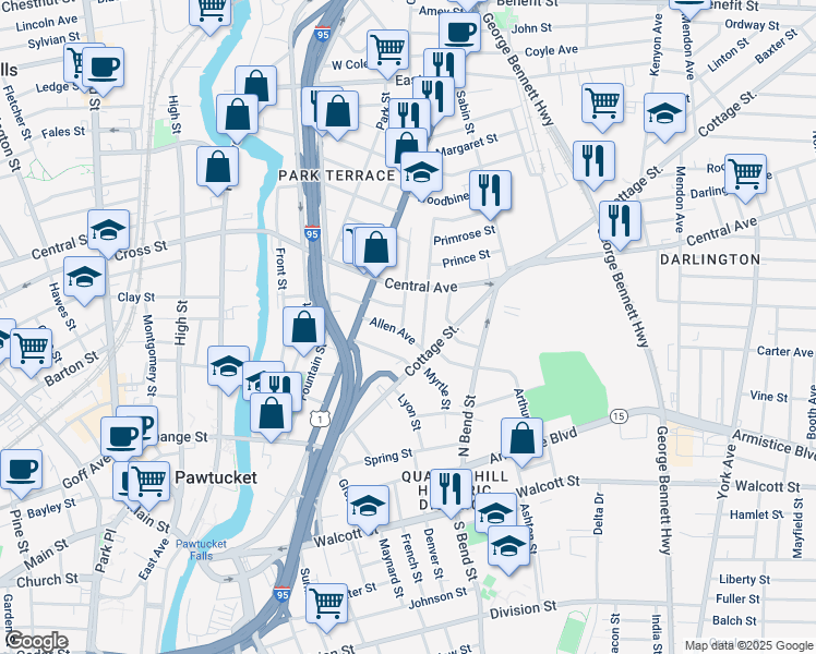 map of restaurants, bars, coffee shops, grocery stores, and more near 10 Greene Street in Pawtucket
