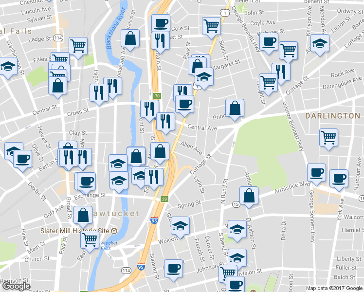 map of restaurants, bars, coffee shops, grocery stores, and more near 19 Allen Avenue in Pawtucket