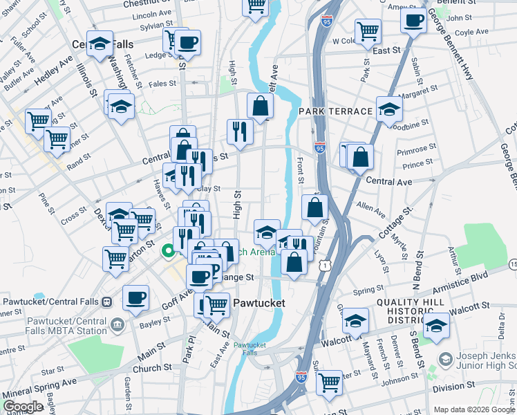 map of restaurants, bars, coffee shops, grocery stores, and more near 353 Roosevelt Avenue in Pawtucket