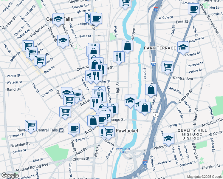 map of restaurants, bars, coffee shops, grocery stores, and more near 159 Montgomery Street in Pawtucket