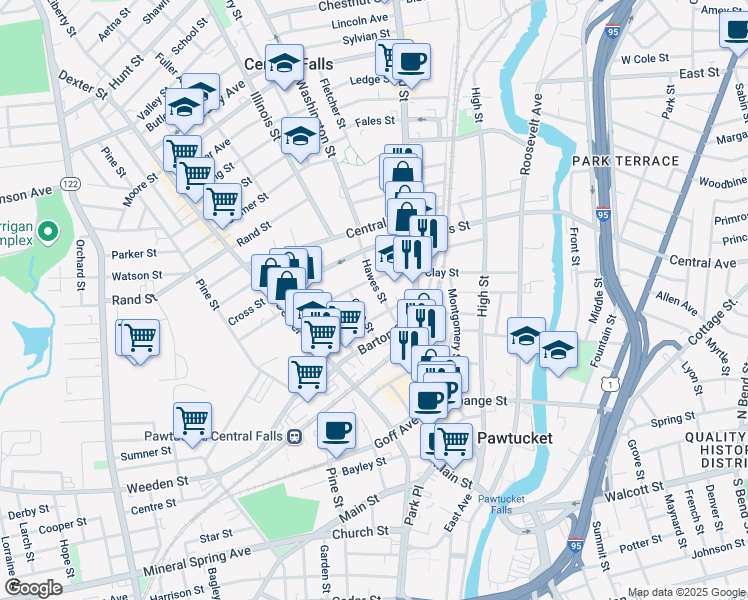 map of restaurants, bars, coffee shops, grocery stores, and more near 15 Nickerson Street in Pawtucket
