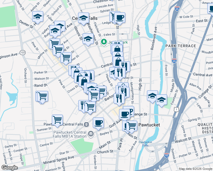 map of restaurants, bars, coffee shops, grocery stores, and more near 84 Olive Street in Central Falls