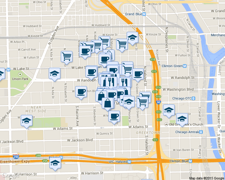 map of restaurants, bars, coffee shops, grocery stores, and more near in Chicago