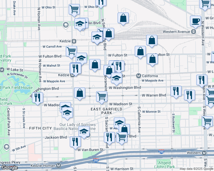 map of restaurants, bars, coffee shops, grocery stores, and more near 2944 West Washington Boulevard in Chicago