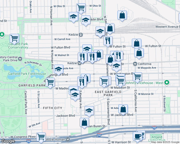 map of restaurants, bars, coffee shops, grocery stores, and more near 3132 West Washington Boulevard in Chicago