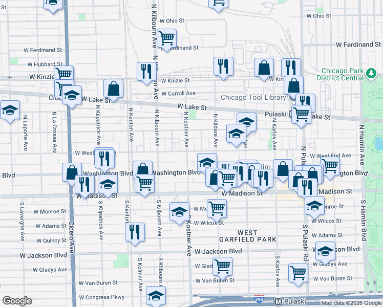 map of restaurants, bars, coffee shops, grocery stores, and more near 4349 West West End Avenue in Chicago
