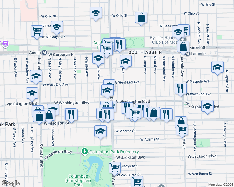 map of restaurants, bars, coffee shops, grocery stores, and more near 122 North Pine Avenue in Chicago