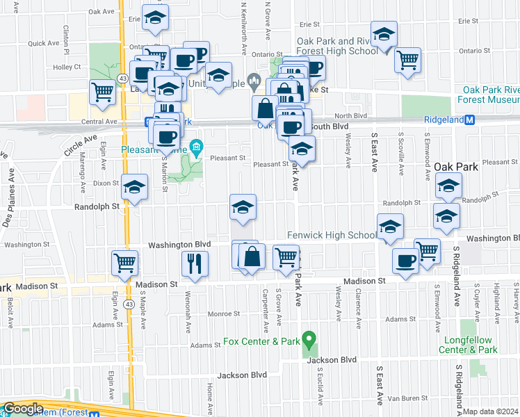 map of restaurants, bars, coffee shops, grocery stores, and more near 304 South Kenilworth Avenue in Oak Park