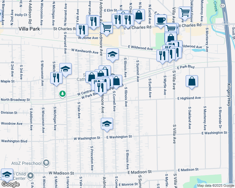 map of restaurants, bars, coffee shops, grocery stores, and more near 40 East Highland Avenue in Villa Park