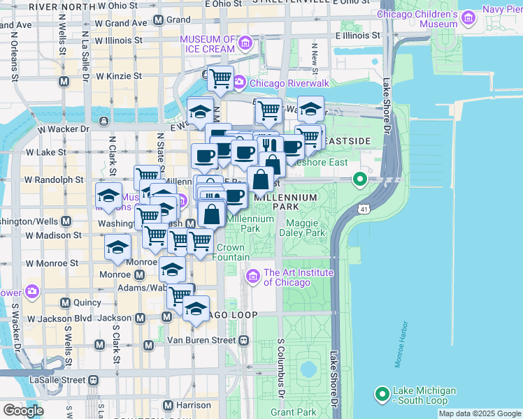 map of restaurants, bars, coffee shops, grocery stores, and more near 201 East Randolph Street in Chicago