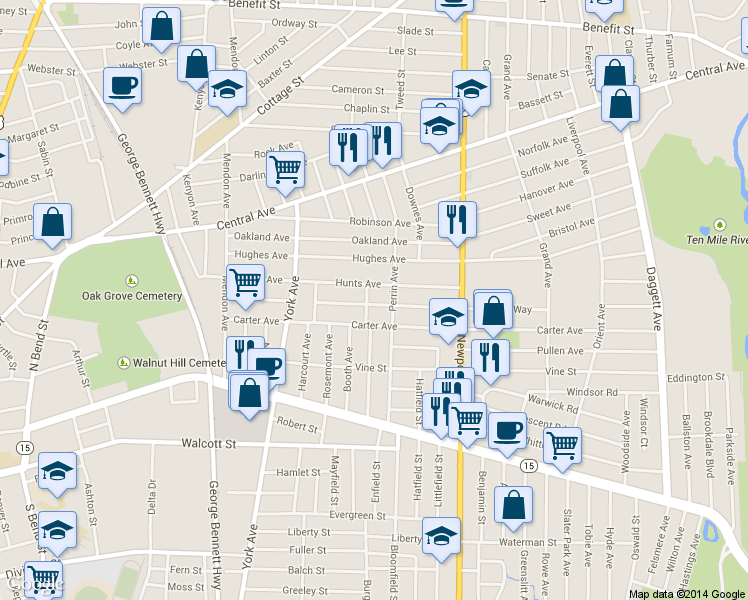 map of restaurants, bars, coffee shops, grocery stores, and more near 144 Saratoga Ave in Pawtucket