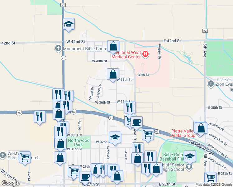 map of restaurants, bars, coffee shops, grocery stores, and more near 3665 Ave D in Scottsbluff