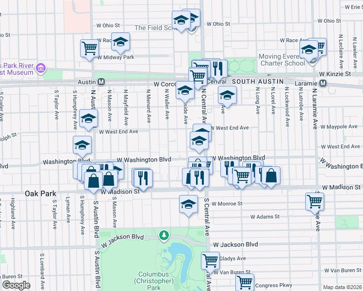 map of restaurants, bars, coffee shops, grocery stores, and more near 123 North Parkside Avenue in Chicago