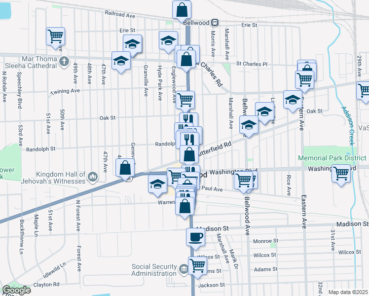 map of restaurants, bars, coffee shops, grocery stores, and more near 502 Mannheim Road in Bellwood