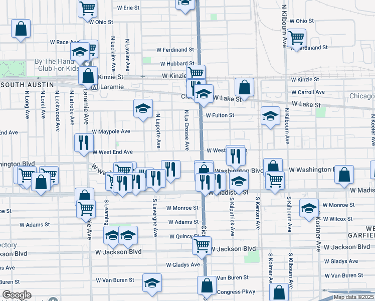 map of restaurants, bars, coffee shops, grocery stores, and more near W West End Ave & N La Crosse Ave in Chicago