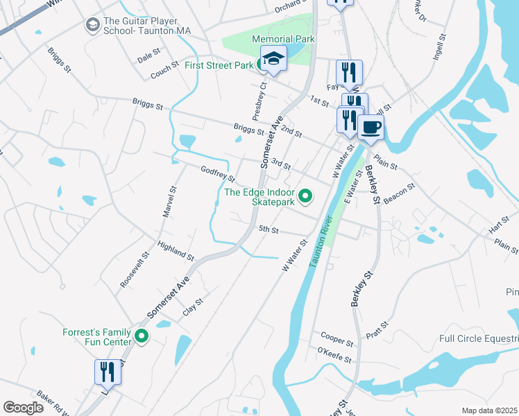 map of restaurants, bars, coffee shops, grocery stores, and more near 510 Somerset Avenue in Taunton
