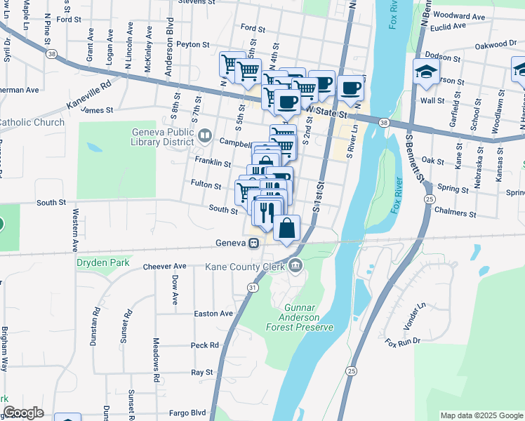 map of restaurants, bars, coffee shops, grocery stores, and more near 426 South 3rd Street in Geneva