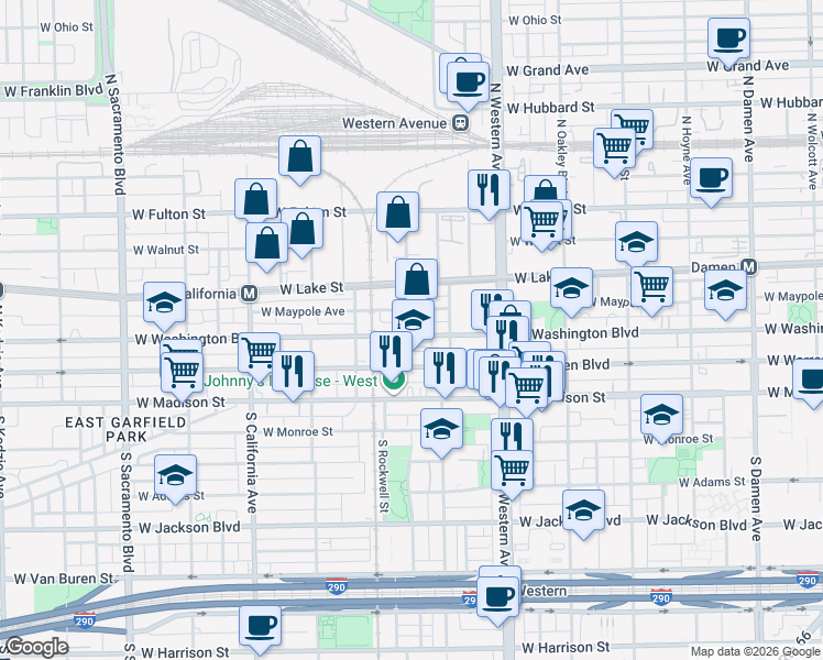 map of restaurants, bars, coffee shops, grocery stores, and more near 2538 West Washington Boulevard in Chicago