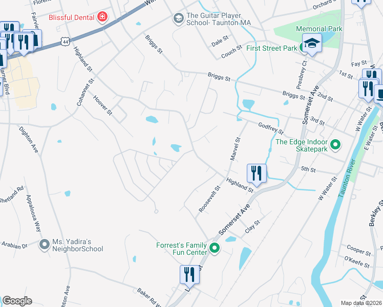 map of restaurants, bars, coffee shops, grocery stores, and more near 50 Highland Street in Taunton
