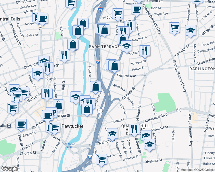 map of restaurants, bars, coffee shops, grocery stores, and more near 340 Broadway in Pawtucket