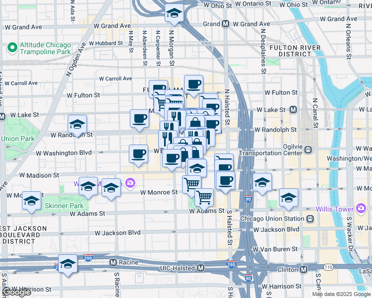map of restaurants, bars, coffee shops, grocery stores, and more near 933 West Washington Boulevard in Chicago