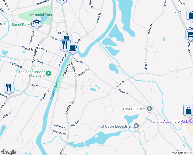 map of restaurants, bars, coffee shops, grocery stores, and more near 57 Plain Street in Taunton