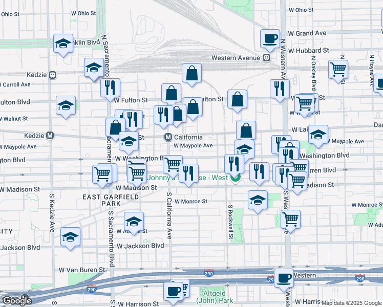 map of restaurants, bars, coffee shops, grocery stores, and more near 2710 West Washington Boulevard in Chicago