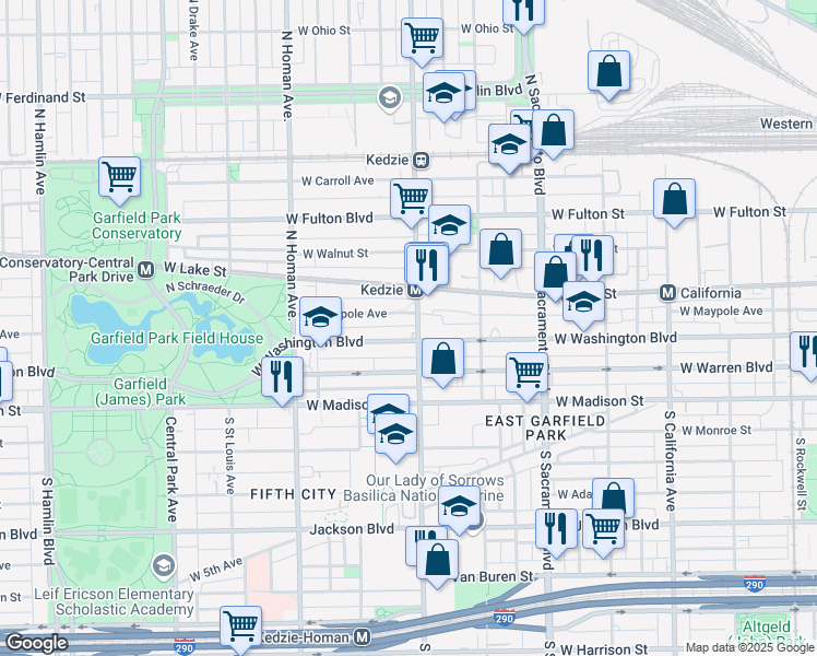 map of restaurants, bars, coffee shops, grocery stores, and more near 3208 West Washington Boulevard in Chicago