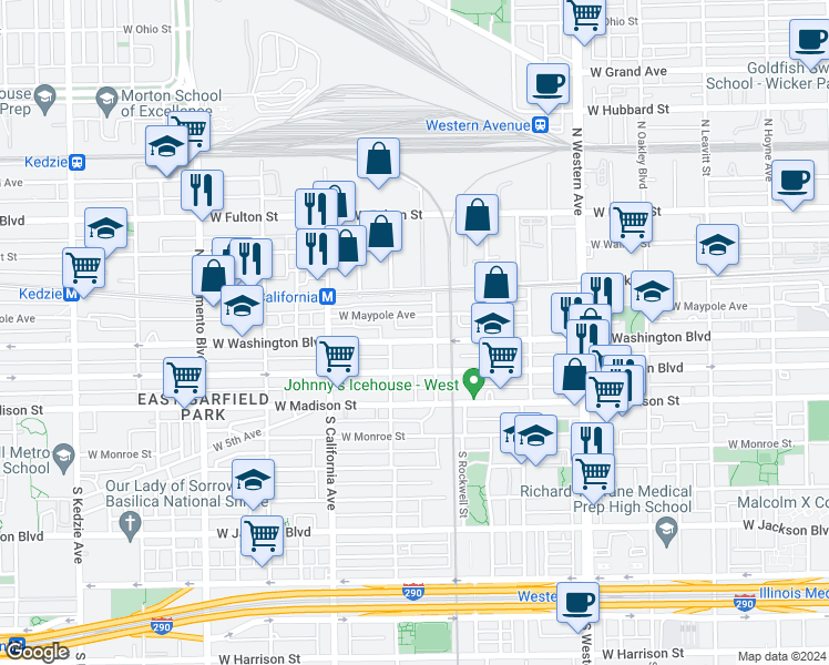 map of restaurants, bars, coffee shops, grocery stores, and more near 2650 West Washington Boulevard in Chicago