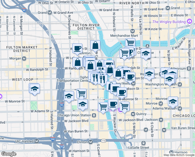 map of restaurants, bars, coffee shops, grocery stores, and more near 817 West Washington Street in Chicago