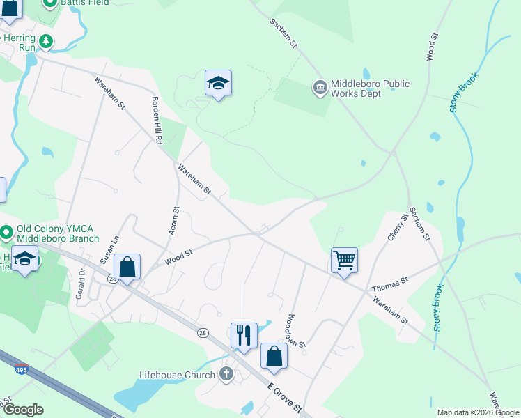 map of restaurants, bars, coffee shops, grocery stores, and more near 180 Wood Street in Middleborough