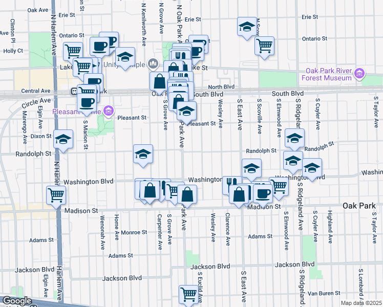 map of restaurants, bars, coffee shops, grocery stores, and more near 717 Randolph Street in Oak Park