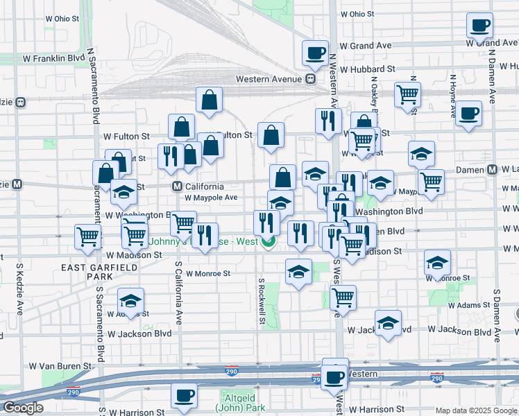 map of restaurants, bars, coffee shops, grocery stores, and more near 2604 West Washington Boulevard in Chicago