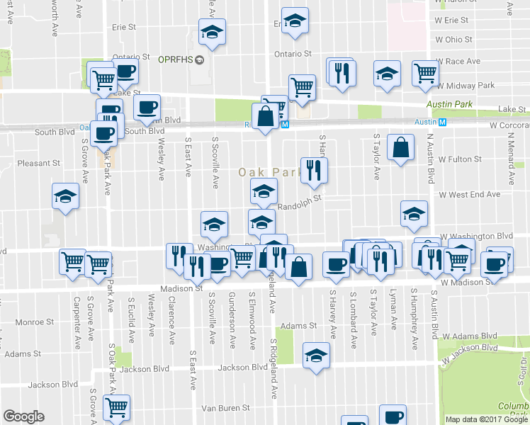 map of restaurants, bars, coffee shops, grocery stores, and more near 301 South Ridgeland Avenue in Oak Park