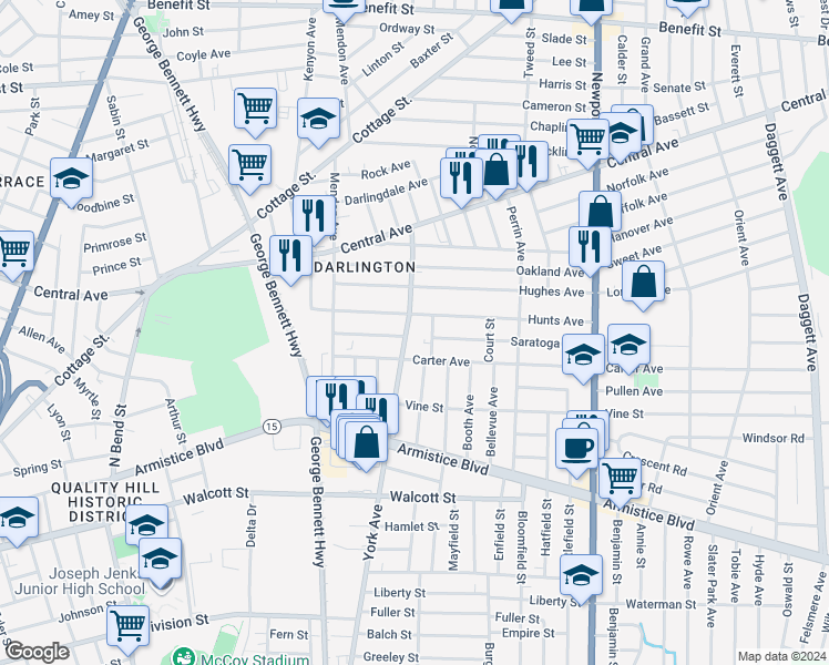 map of restaurants, bars, coffee shops, grocery stores, and more near 28 Elizabeth Street in Pawtucket