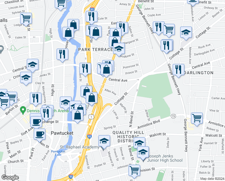map of restaurants, bars, coffee shops, grocery stores, and more near 19 Allen Avenue in Pawtucket