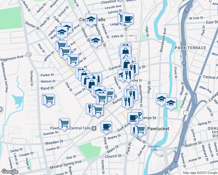 map of restaurants, bars, coffee shops, grocery stores, and more near 84 Olive Street in Central Falls