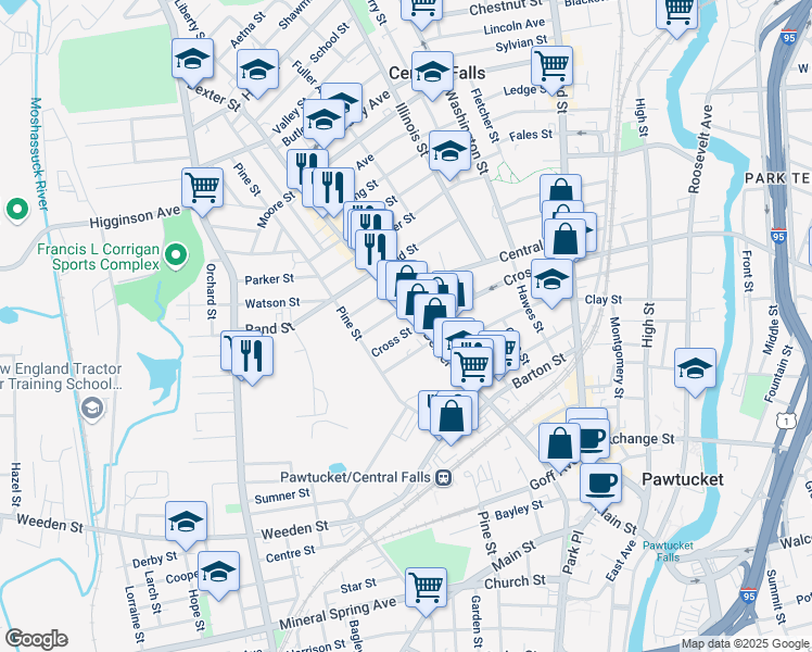 map of restaurants, bars, coffee shops, grocery stores, and more near 203 Cross Street in Central Falls