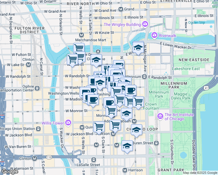 map of restaurants, bars, coffee shops, grocery stores, and more near 69 West Washington Street in Chicago