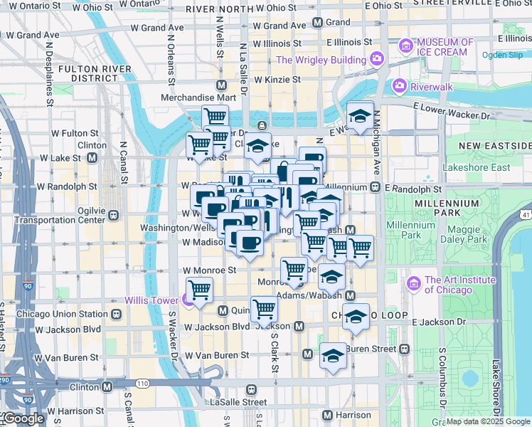 map of restaurants, bars, coffee shops, grocery stores, and more near 111 West Washington Street in Chicago