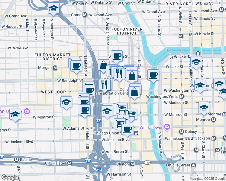 map of restaurants, bars, coffee shops, grocery stores, and more near 630 West Washington Boulevard in Chicago