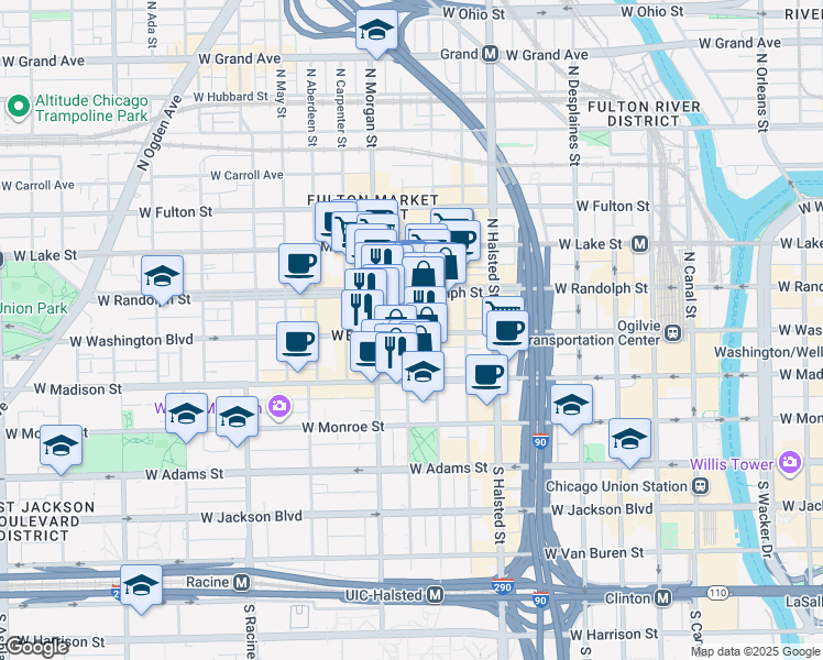 map of restaurants, bars, coffee shops, grocery stores, and more near 43 North Morgan Street in Chicago