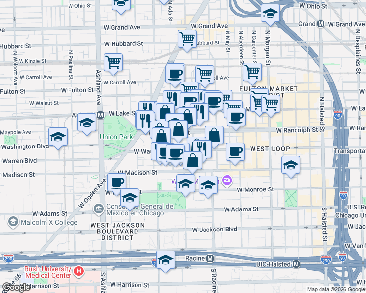 map of restaurants, bars, coffee shops, grocery stores, and more near in Chicago