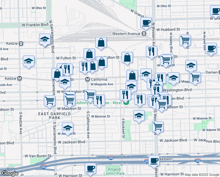 map of restaurants, bars, coffee shops, grocery stores, and more near 2650 West Washington Boulevard in Chicago