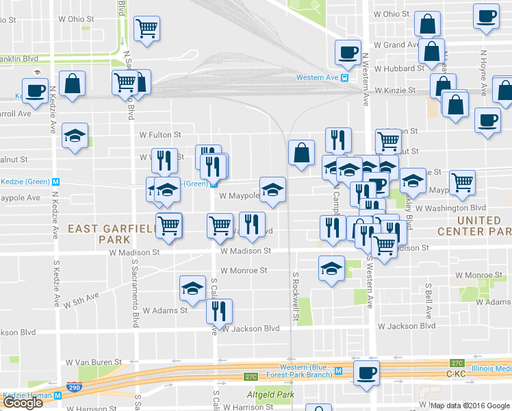 map of restaurants, bars, coffee shops, grocery stores, and more near 2650 West Washington Boulevard in Chicago